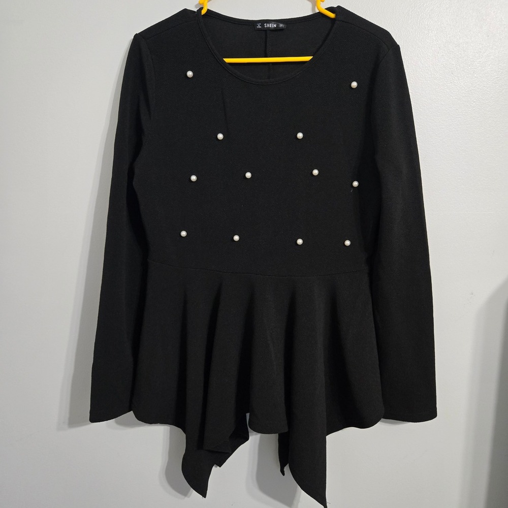 B#36 Shein Black Peplum Top Long Sleeve Pearl‎ Accents Cascading Hem Women Large